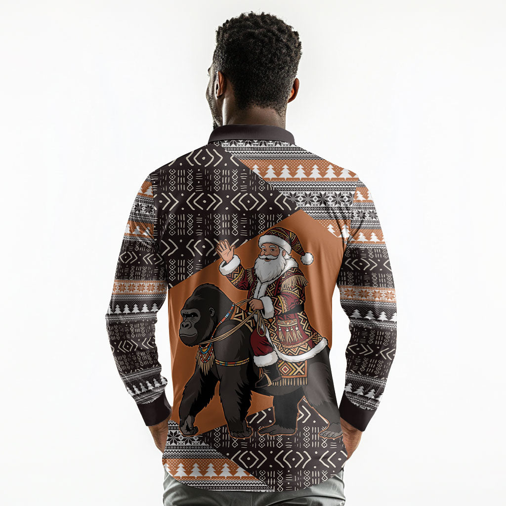 DR Congo Christmas Santa Gorilla Long Sleeve Polo Shirt Kuba Inspired Geometric Pattern