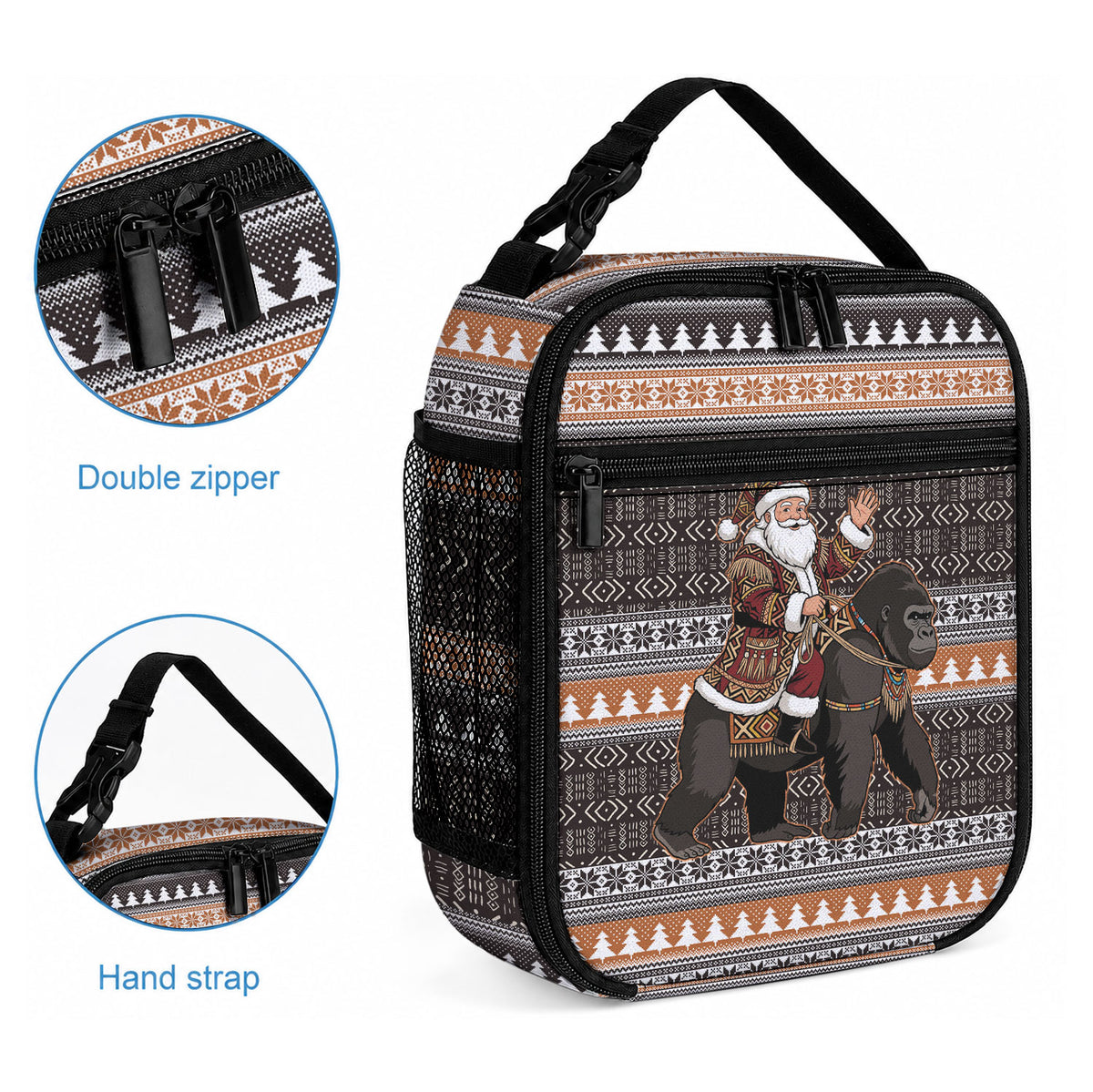 DR Congo Christmas Santa Gorilla Lunch Bag Kuba Inspired Geometric Pattern