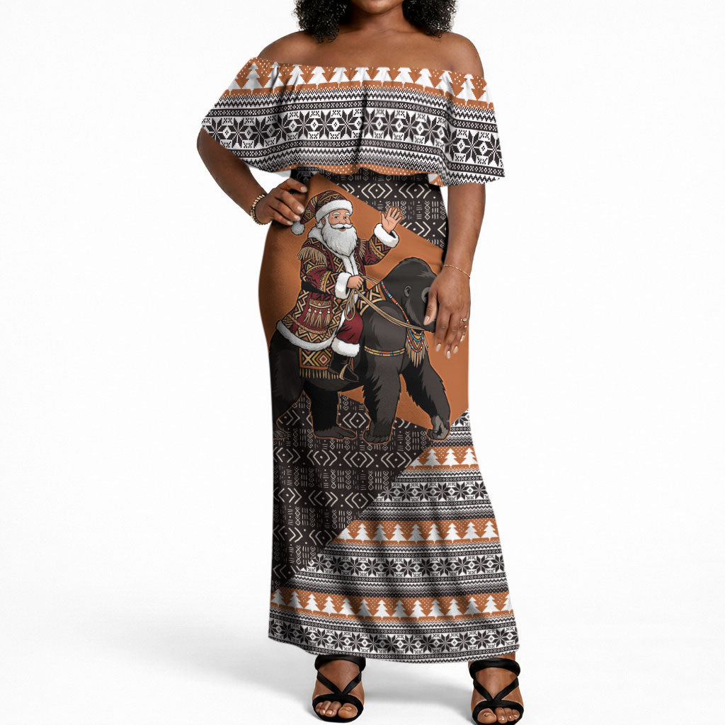 DR Congo Christmas Santa Gorilla Off Shoulder Maxi Dress Kuba Inspired Geometric Pattern