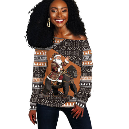 DR Congo Christmas Santa Gorilla Off Shoulder Sweater Kuba Inspired Geometric Pattern