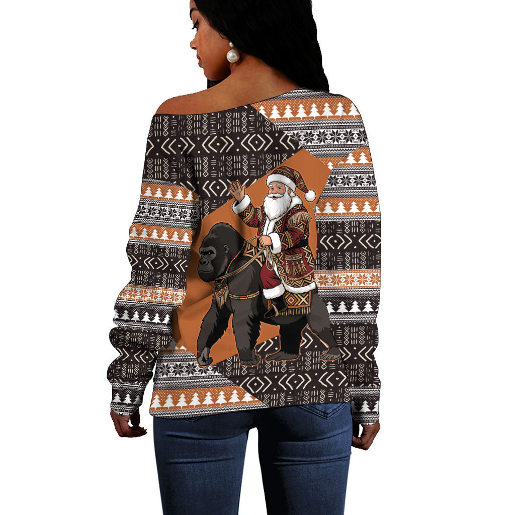DR Congo Christmas Santa Gorilla Off Shoulder Sweater Kuba Inspired Geometric Pattern