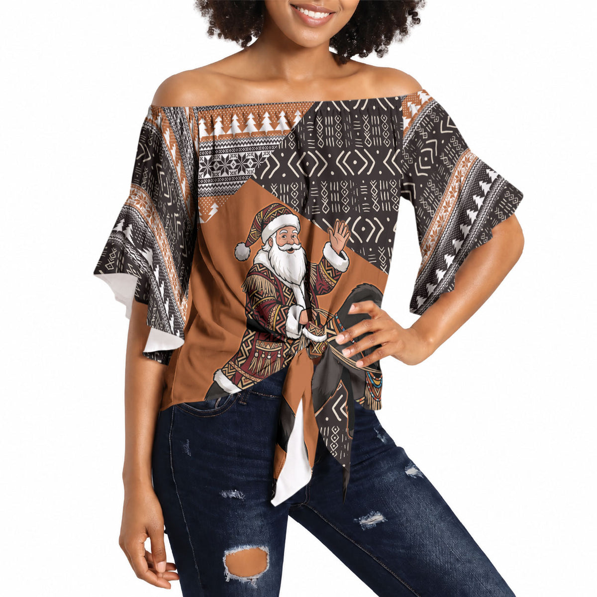 DR Congo Christmas Santa Gorilla Off Shoulder Wrap Waist Top Kuba Inspired Geometric Pattern