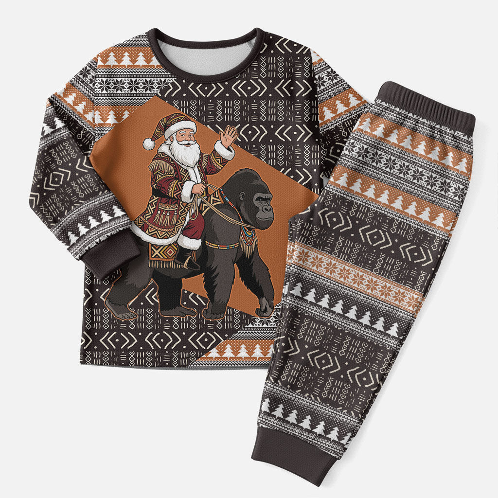 DR Congo Christmas Santa Gorilla Christmas Pajama Set Kuba Inspired Geometric Pattern
