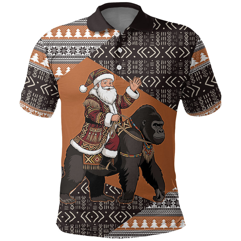 DR Congo Christmas Santa Gorilla Polo Shirt Kuba Inspired Geometric Pattern