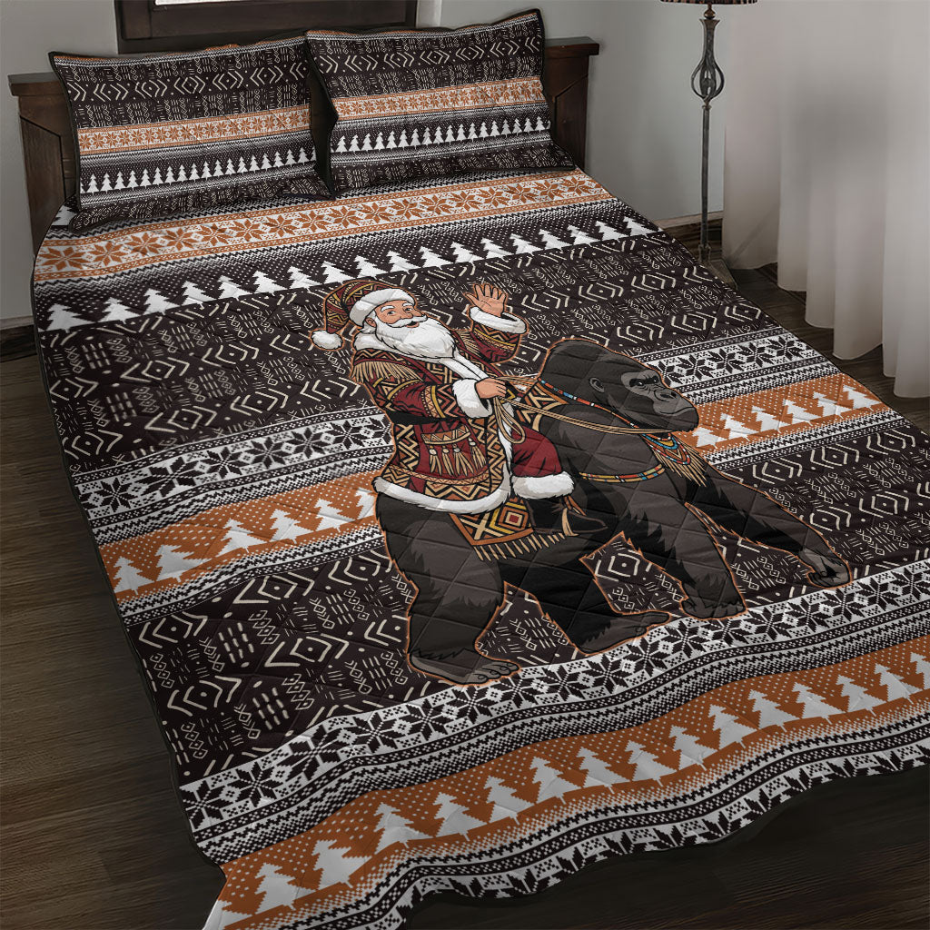 DR Congo Christmas Santa Gorilla Quilt Bed Set Kuba Inspired Geometric Pattern