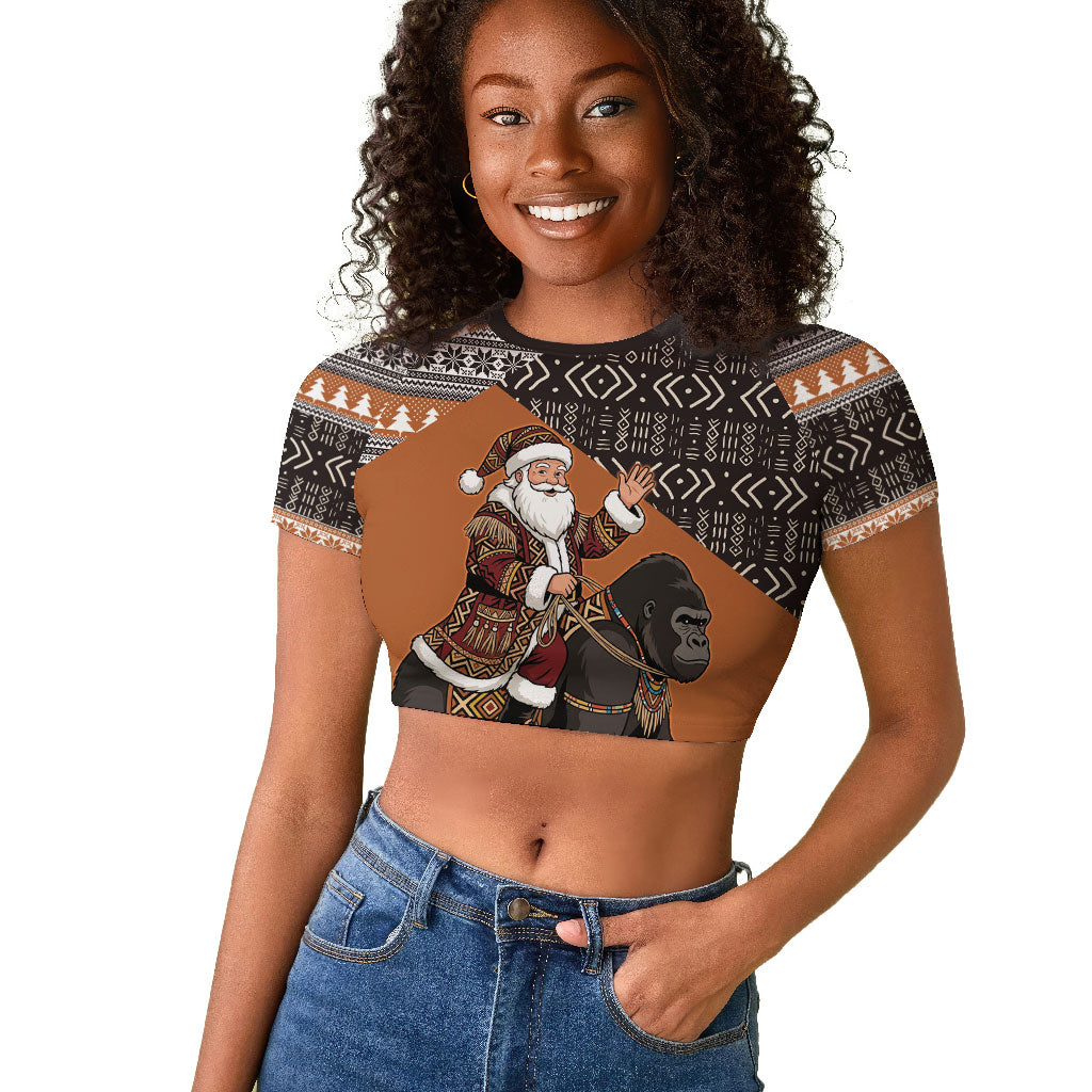 DR Congo Christmas Santa Gorilla Raglan Cropped T shirt Kuba Inspired Geometric Pattern