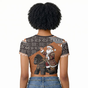 DR Congo Christmas Santa Gorilla Raglan Cropped T shirt Kuba Inspired Geometric Pattern