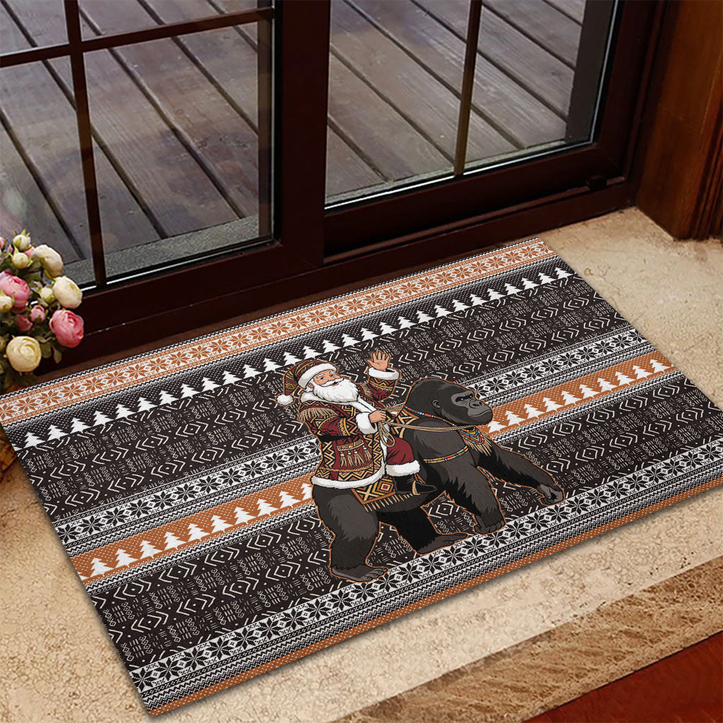DR Congo Christmas Santa Gorilla Rubber Doormat Kuba Inspired Geometric Pattern