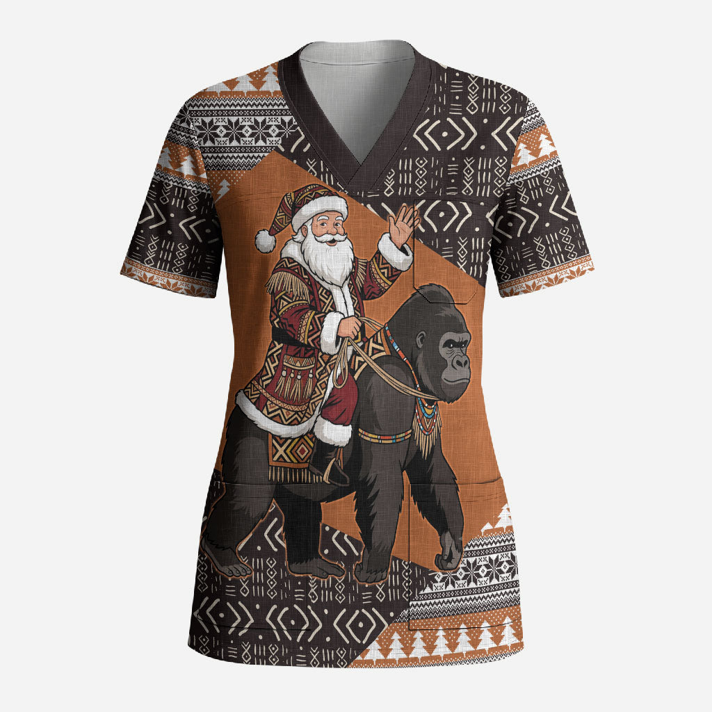 DR Congo Christmas Santa Gorilla Scrub Top Kuba Inspired Geometric Pattern