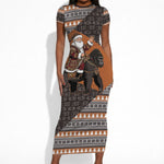 DR Congo Christmas Santa Gorilla Short Sleeve Bodycon Dress Kuba Inspired Geometric Pattern