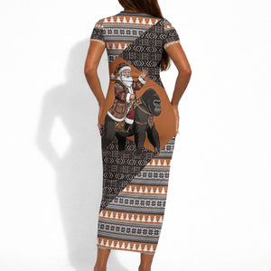 DR Congo Christmas Santa Gorilla Short Sleeve Bodycon Dress Kuba Inspired Geometric Pattern