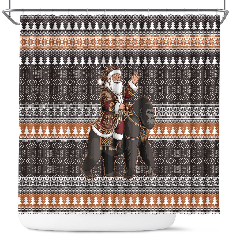 DR Congo Christmas Santa Gorilla Shower Curtain Kuba Inspired Geometric Pattern