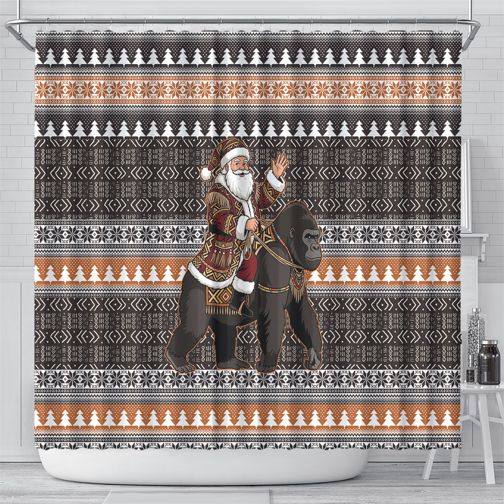 DR Congo Christmas Santa Gorilla Shower Curtain Kuba Inspired Geometric Pattern