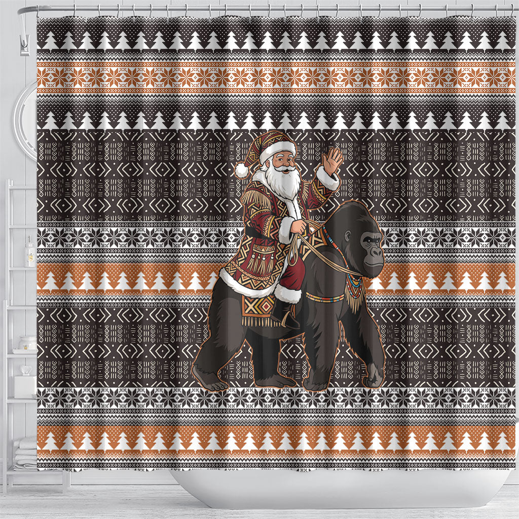 DR Congo Christmas Santa Gorilla Shower Curtain Kuba Inspired Geometric Pattern