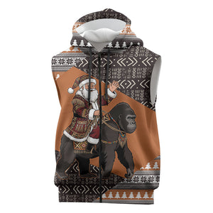 DR Congo Christmas Santa Gorilla Sleeveless Zip Hoodie Kuba Inspired Geometric Pattern