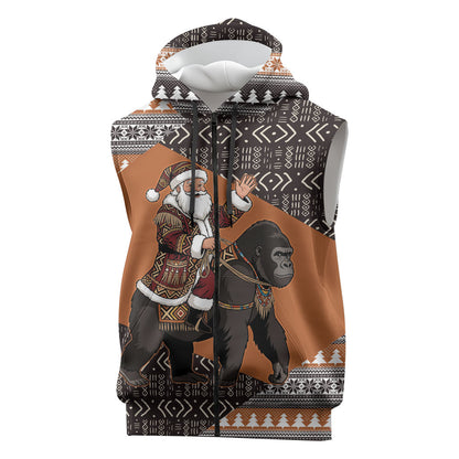 DR Congo Christmas Santa Gorilla Sleeveless Zip Hoodie Kuba Inspired Geometric Pattern