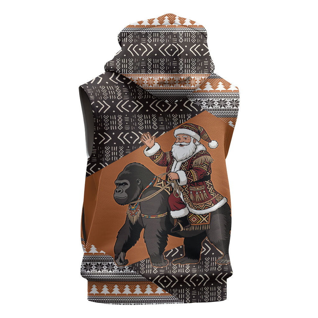 DR Congo Christmas Santa Gorilla Sleeveless Zip Hoodie Kuba Inspired Geometric Pattern