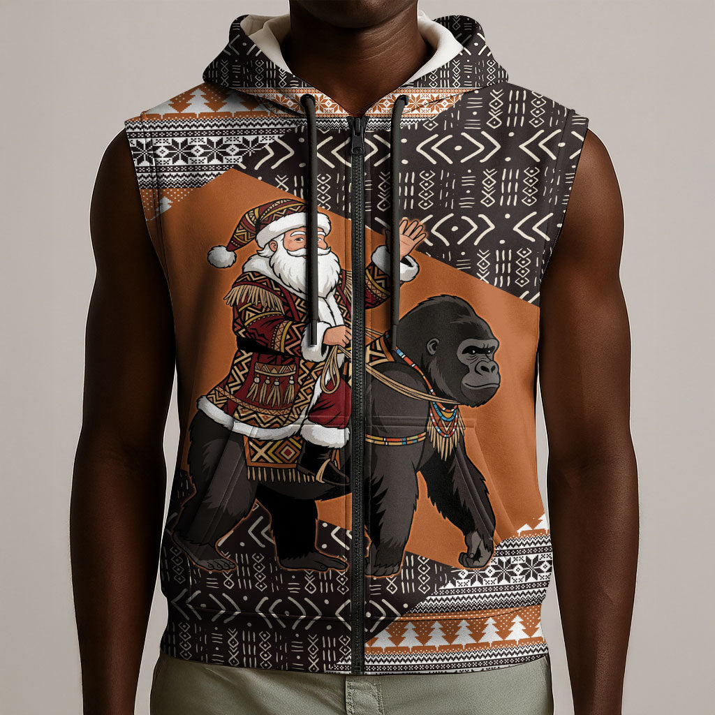 DR Congo Christmas Santa Gorilla Sleeveless Zip Hoodie Kuba Inspired Geometric Pattern
