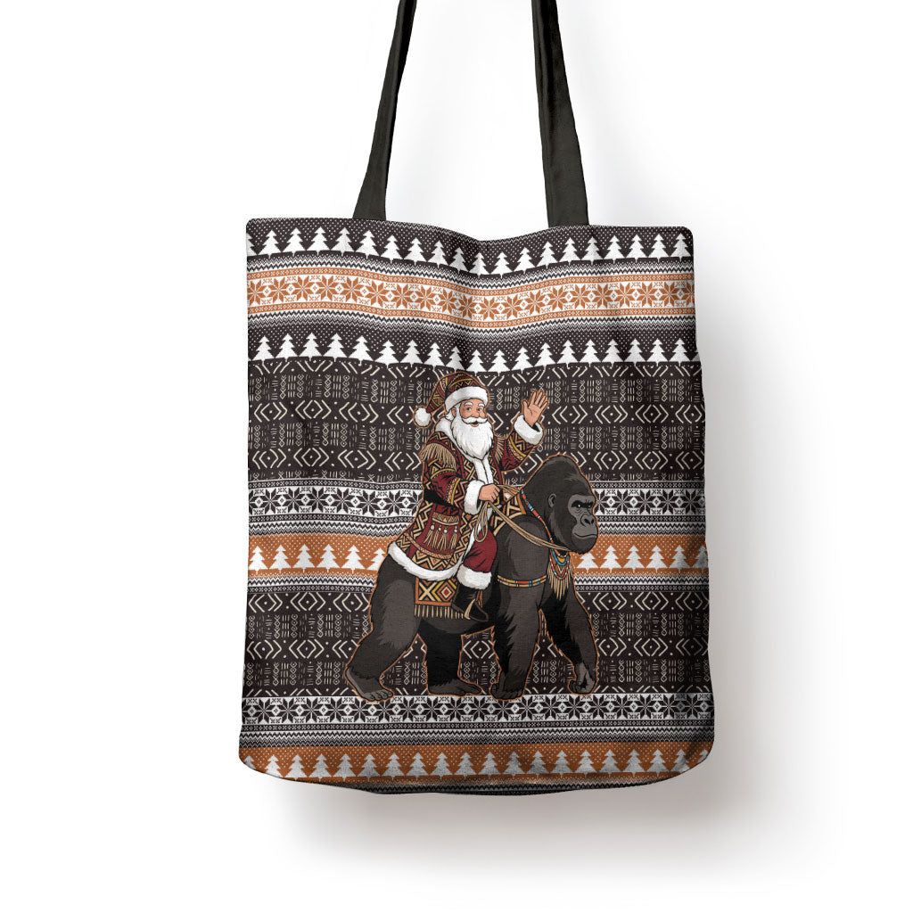 DR Congo Christmas Santa Gorilla Tote Bag Kuba Inspired Geometric Pattern