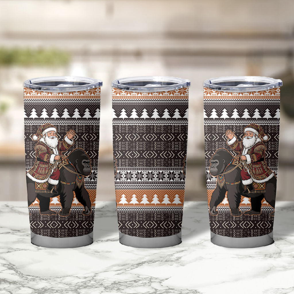 DR Congo Christmas Santa Gorilla Tumbler Cup Kuba Inspired Geometric Pattern
