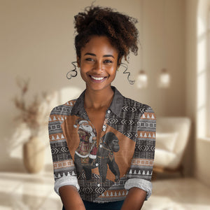 DR Congo Christmas Santa Gorilla Women Casual Shirt Kuba Inspired Geometric Pattern
