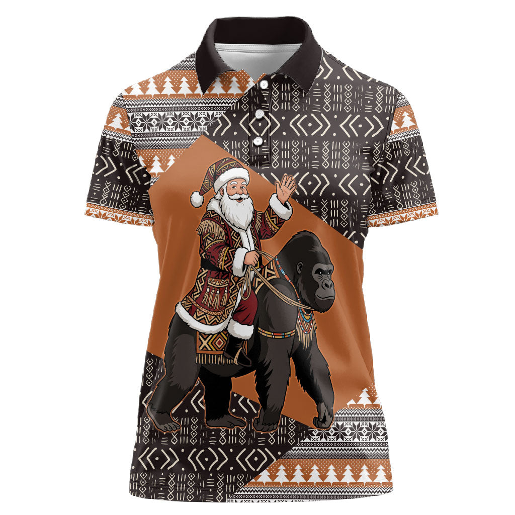 DR Congo Christmas Santa Gorilla Women Polo Shirt Kuba Inspired Geometric Pattern