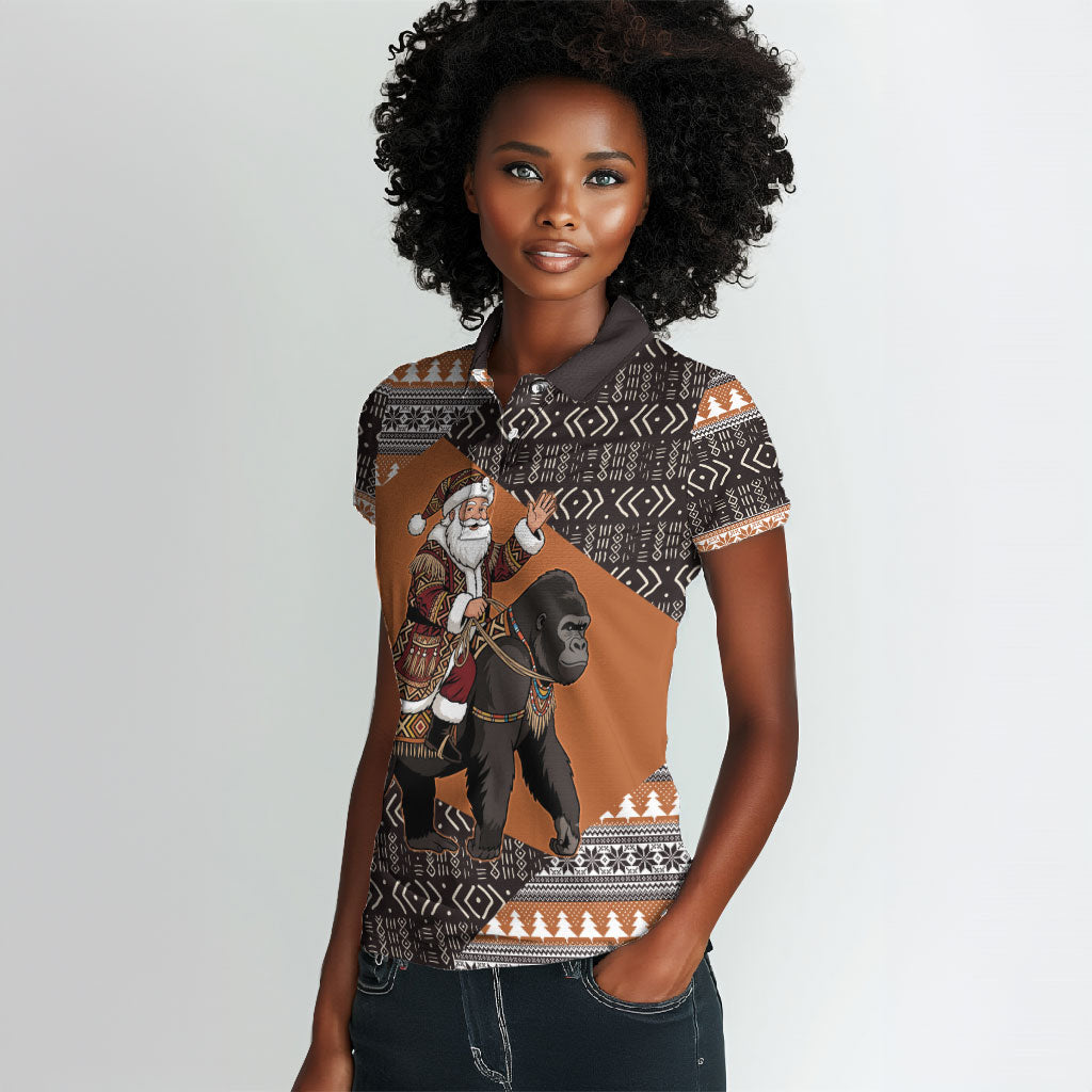 DR Congo Christmas Santa Gorilla Women Polo Shirt Kuba Inspired Geometric Pattern