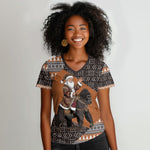 DR Congo Christmas Santa Gorilla Women V-Neck T-Shirt Kuba Inspired Geometric Pattern
