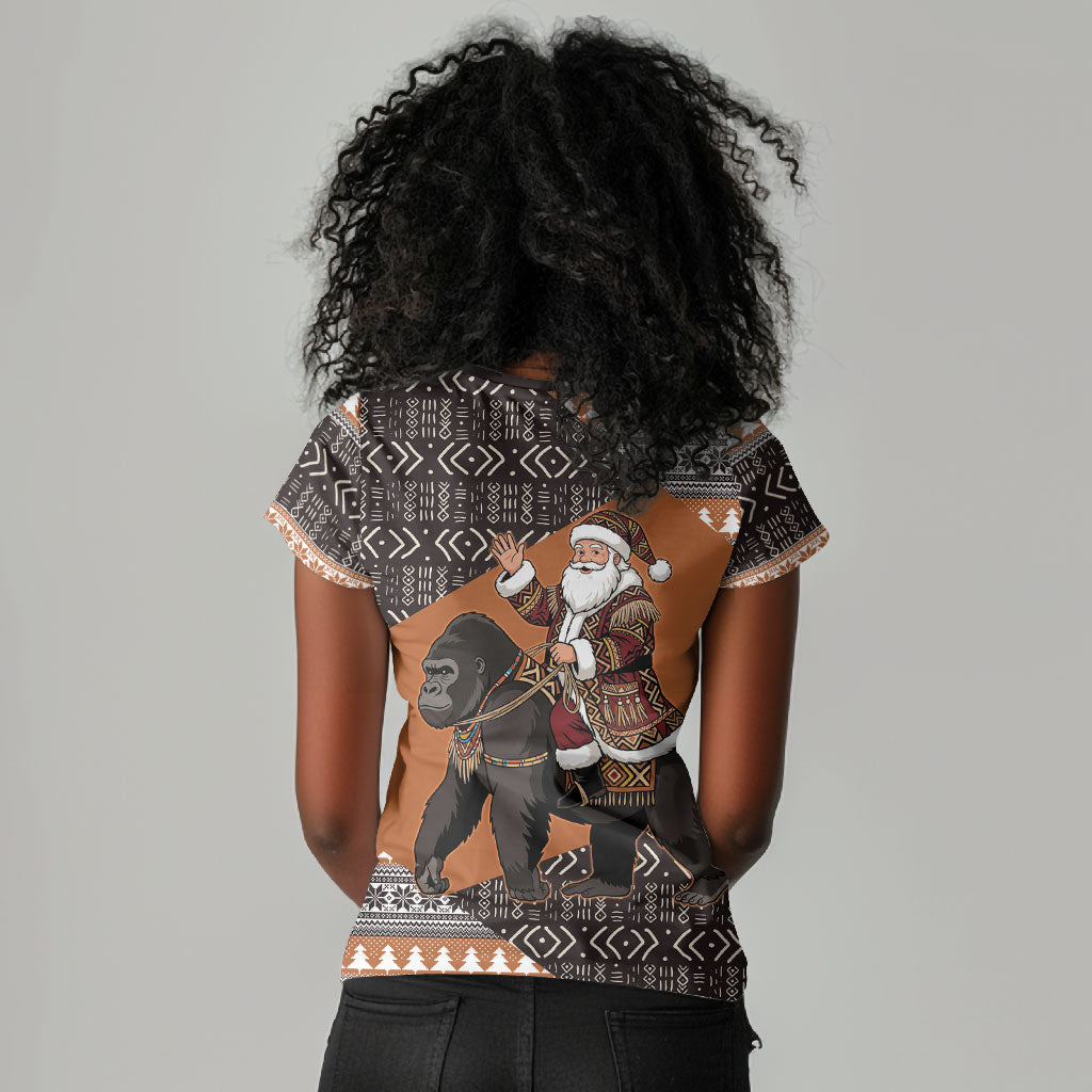 DR Congo Christmas Santa Gorilla Women V-Neck T-Shirt Kuba Inspired Geometric Pattern