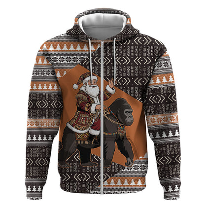DR Congo Christmas Santa Gorilla Zip Hoodie Kuba Inspired Geometric Pattern