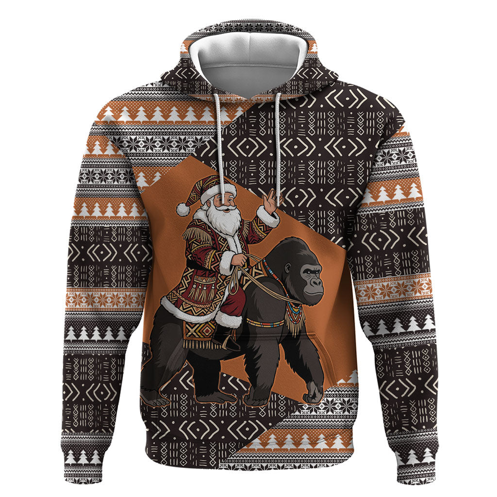 DR Congo Christmas Santa Gorilla Zip Hoodie Kuba Inspired Geometric Pattern