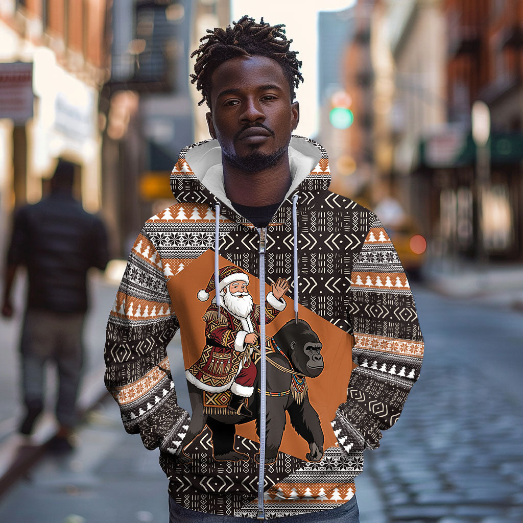 DR Congo Christmas Santa Gorilla Zip Hoodie Kuba Inspired Geometric Pattern
