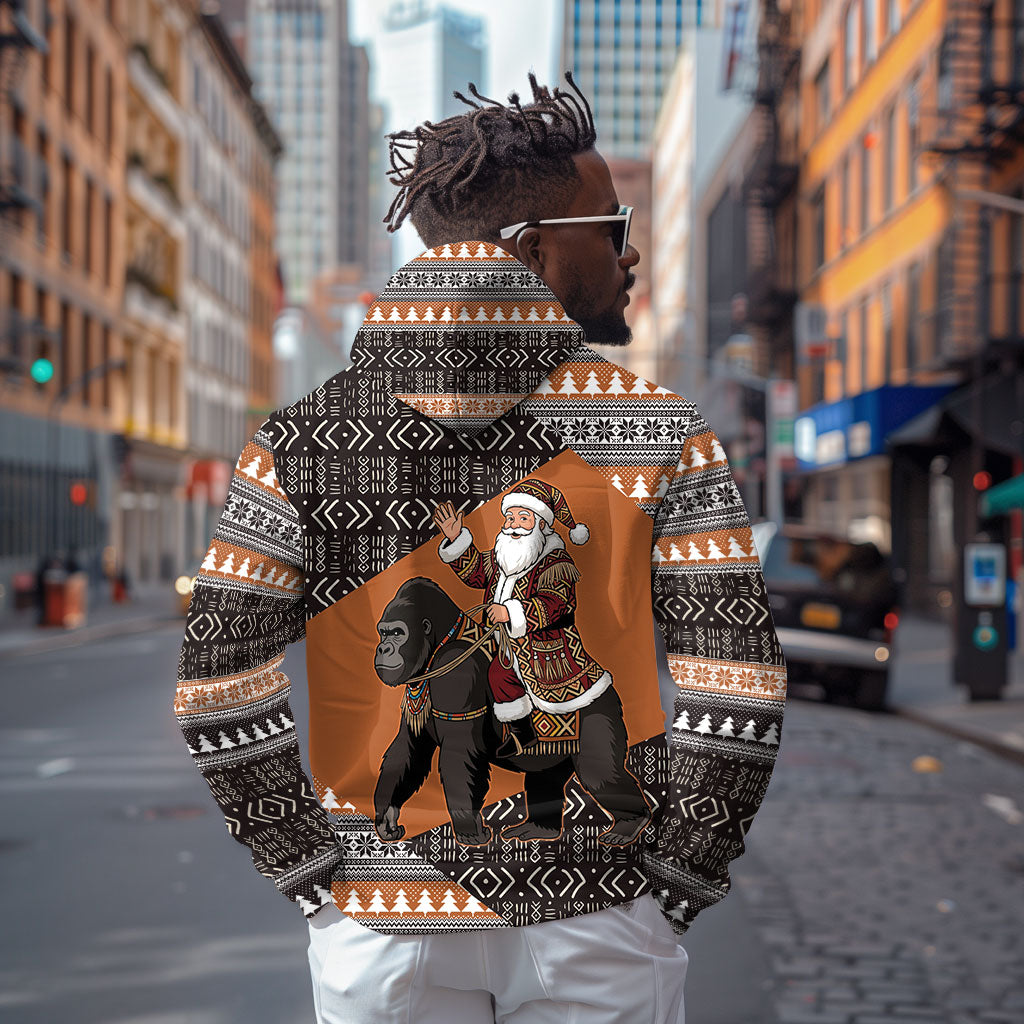 DR Congo Christmas Santa Gorilla Zip Hoodie Kuba Inspired Geometric Pattern