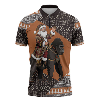 DR Congo Christmas Santa Gorilla Zipper Polo Shirt Kuba Inspired Geometric Pattern