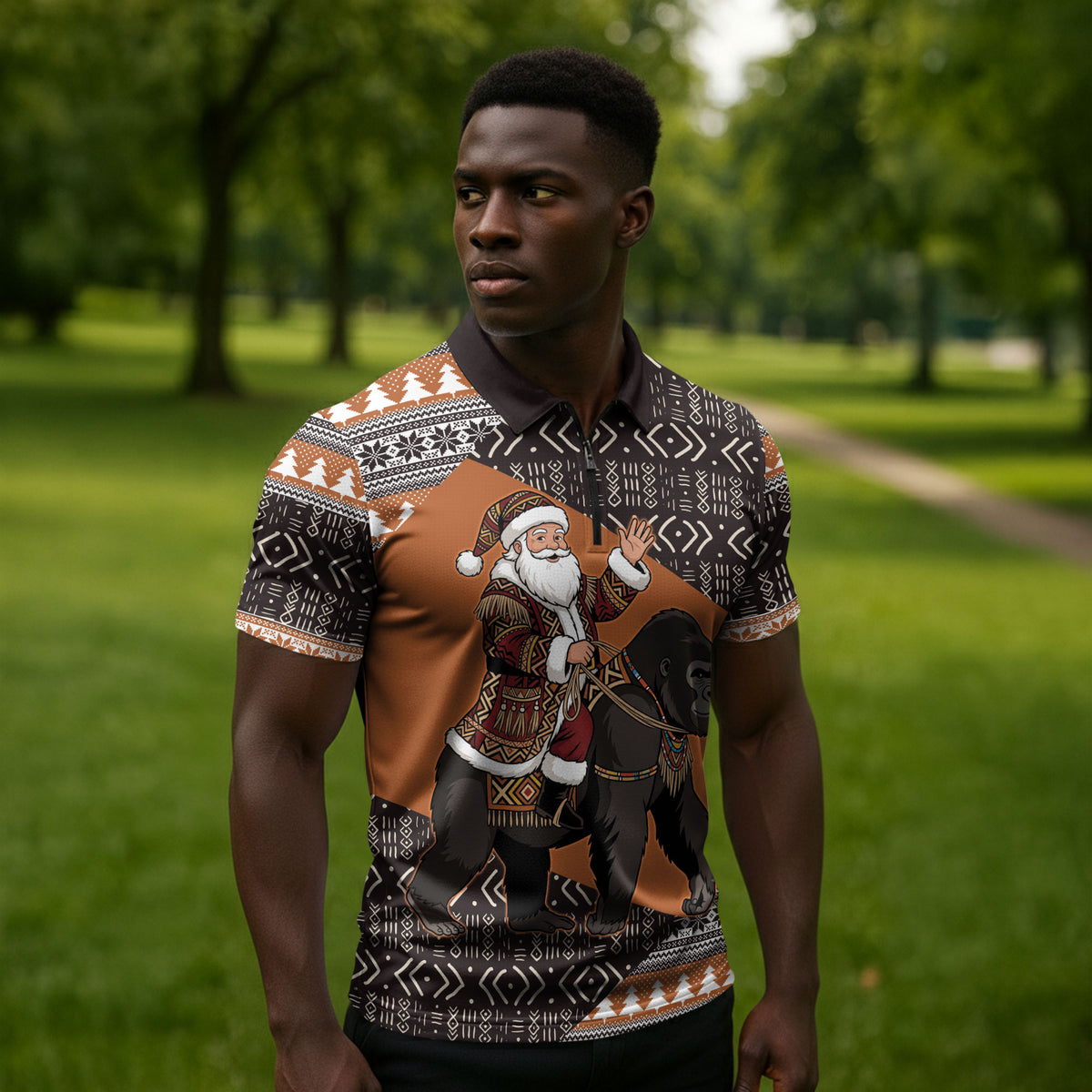 DR Congo Christmas Santa Gorilla Zipper Polo Shirt Kuba Inspired Geometric Pattern