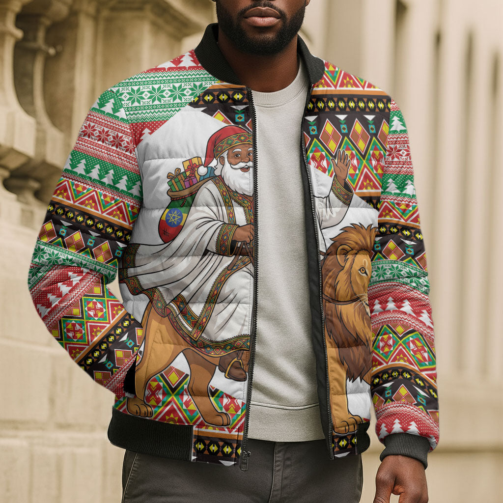 Ethiopia Christmas Santa Lion Bomber Puffer Jacket Habesha Kemis Woven Border
