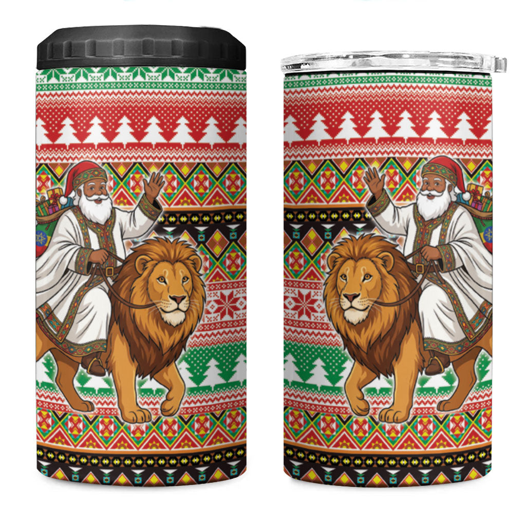 Ethiopia Christmas Santa Lion 4 in 1 Can Cooler Tumbler Habesha Kemis Woven Border