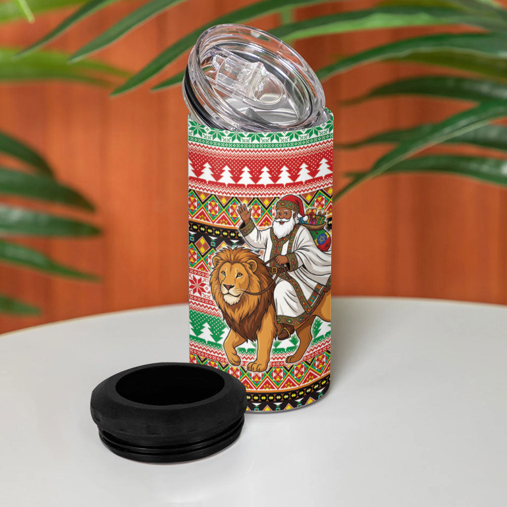 Ethiopia Christmas Santa Lion 4 in 1 Can Cooler Tumbler Habesha Kemis Woven Border
