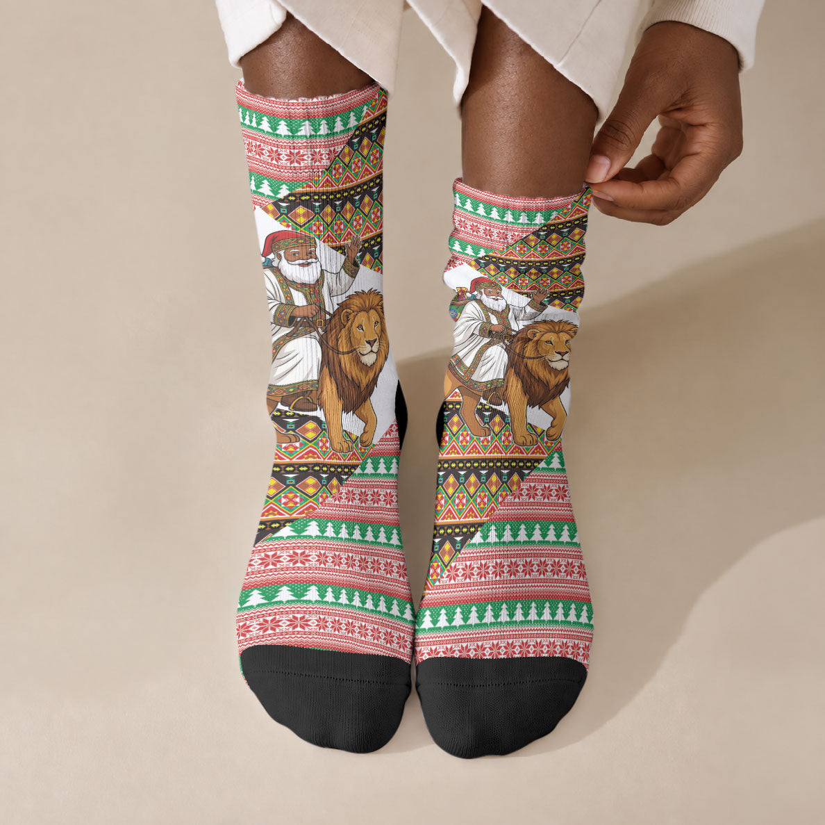 Ethiopia Christmas Santa Lion Crew Socks Habesha Kemis Woven Border