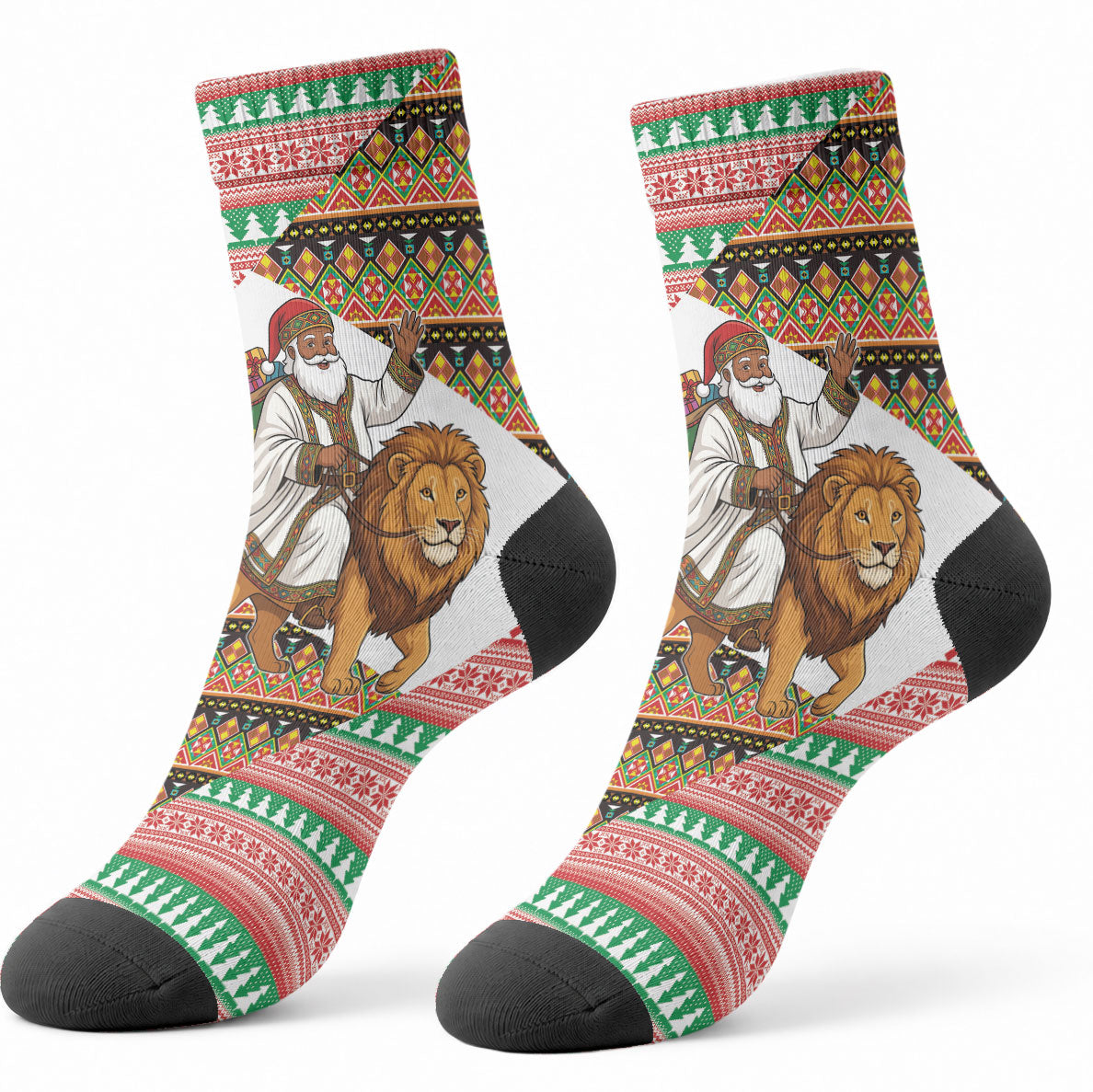 Ethiopia Christmas Santa Lion Crew Socks Habesha Kemis Woven Border