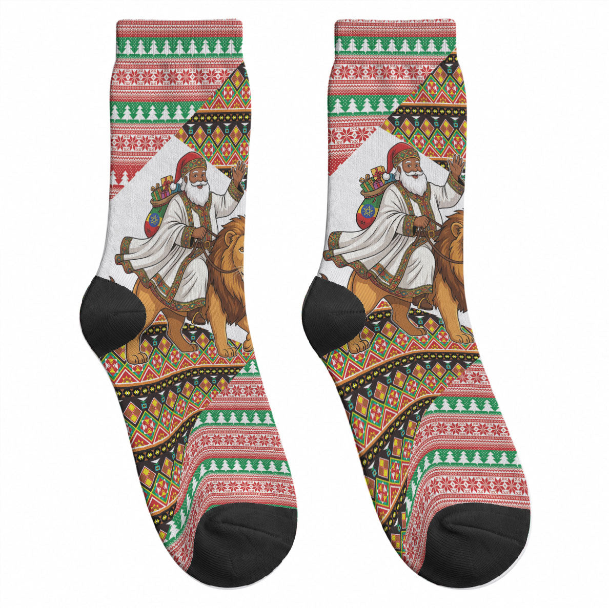 Ethiopia Christmas Santa Lion Crew Socks Habesha Kemis Woven Border