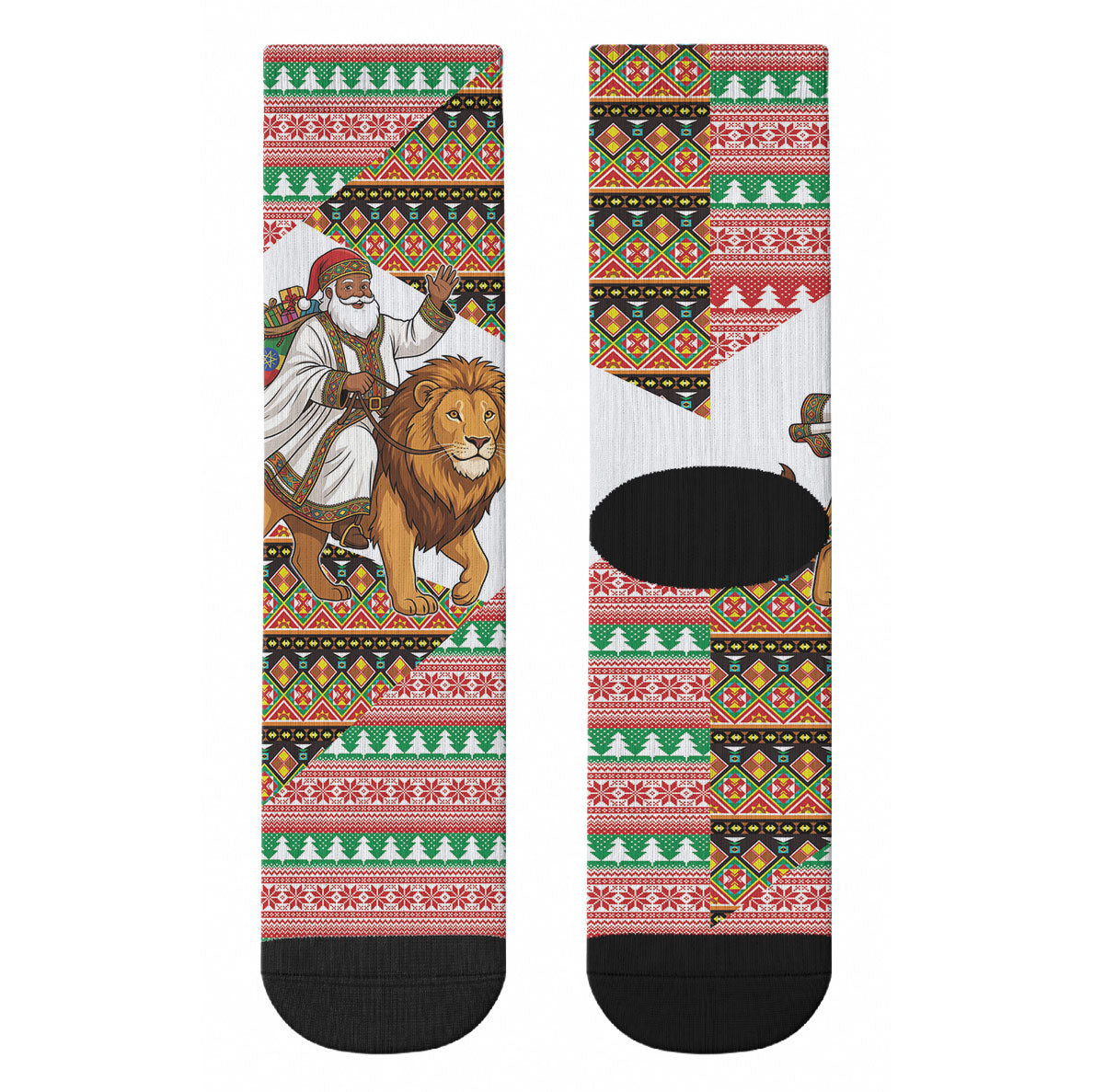 Ethiopia Christmas Santa Lion Crew Socks Habesha Kemis Woven Border
