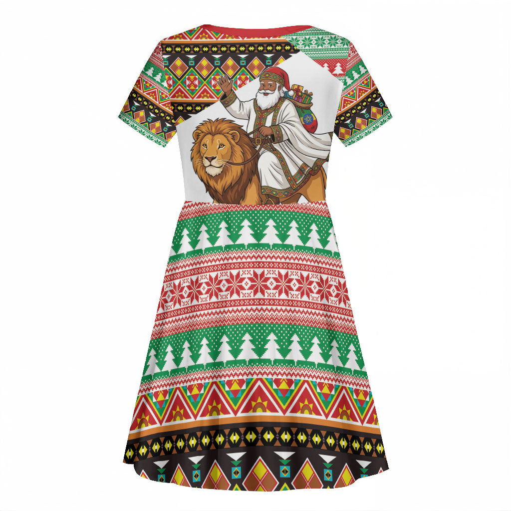 Ethiopia Christmas Santa Lion Kid Short Sleeve Dress Habesha Kemis Woven Border