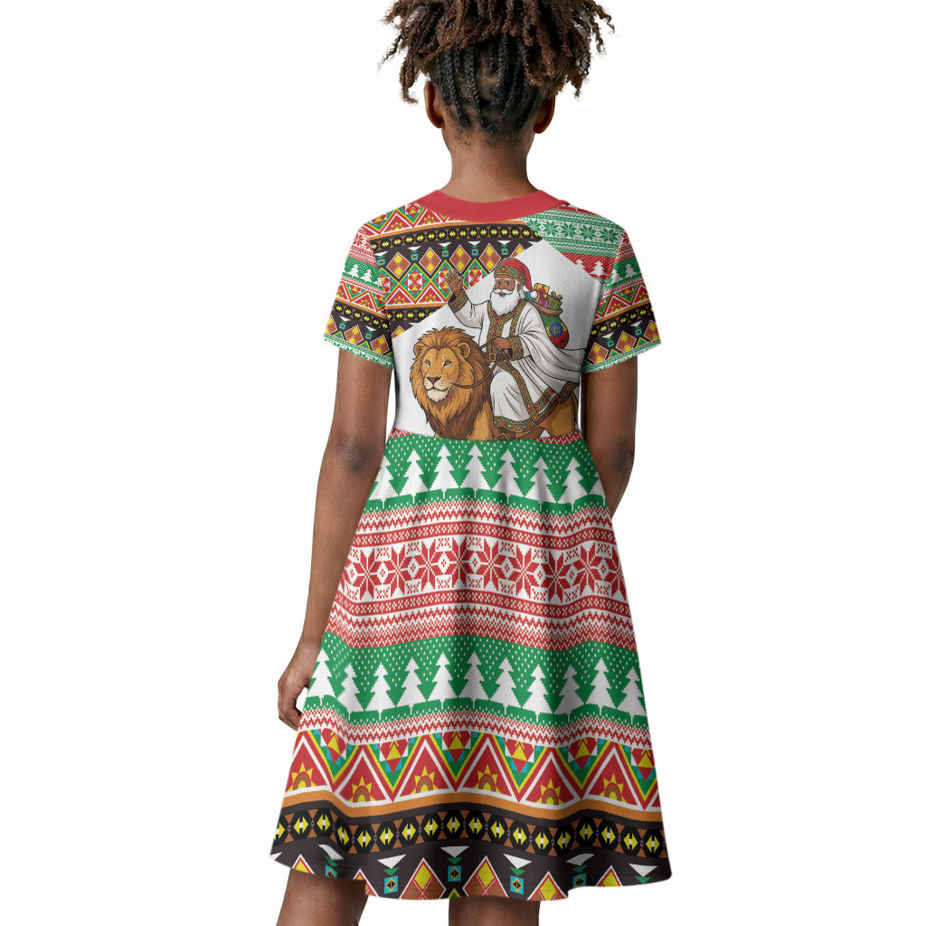 Ethiopia Christmas Santa Lion Kid Short Sleeve Dress Habesha Kemis Woven Border