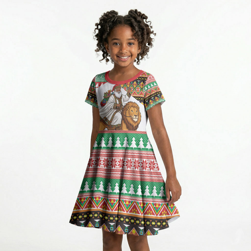Ethiopia Christmas Santa Lion Kid Short Sleeve Dress Habesha Kemis Woven Border