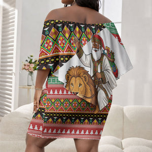 Ethiopia Christmas Santa Lion Off Shoulder Short Dress Habesha Kemis Woven Border