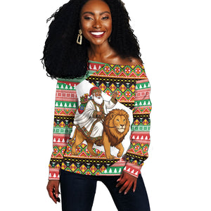 Ethiopia Christmas Santa Lion Off Shoulder Sweater Habesha Kemis Woven Border