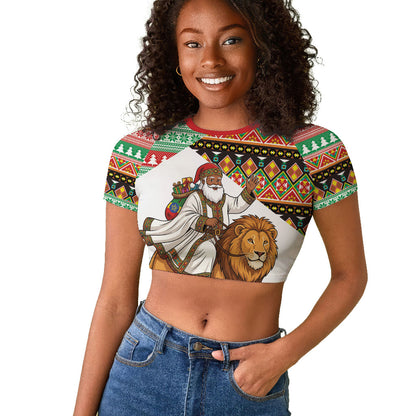 Ethiopia Christmas Santa Lion Raglan Cropped T shirt Habesha Kemis Woven Border