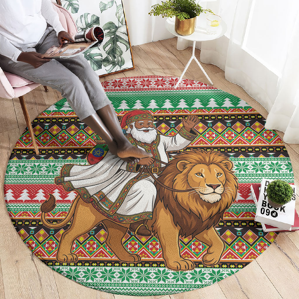 Ethiopia Christmas Santa Lion Round Carpet Habesha Kemis Woven Border