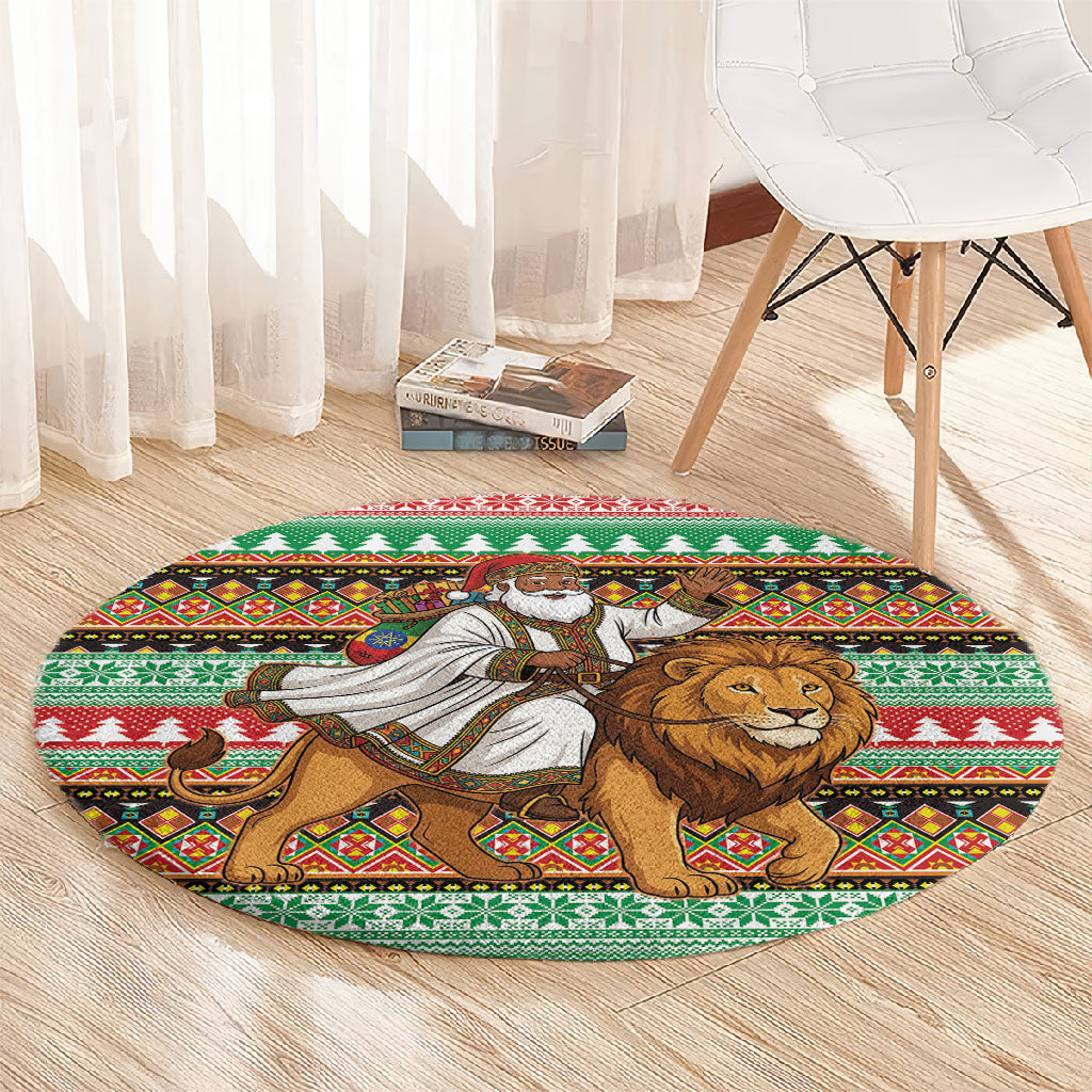 Ethiopia Christmas Santa Lion Round Carpet Habesha Kemis Woven Border